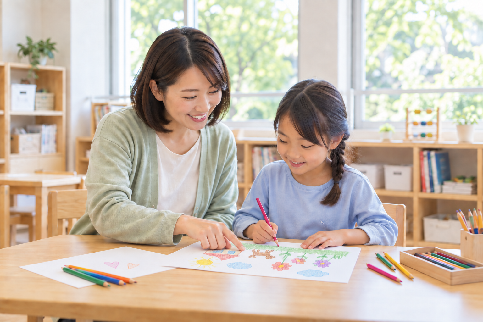 スタッフと一緒にお絵かきをする子ども